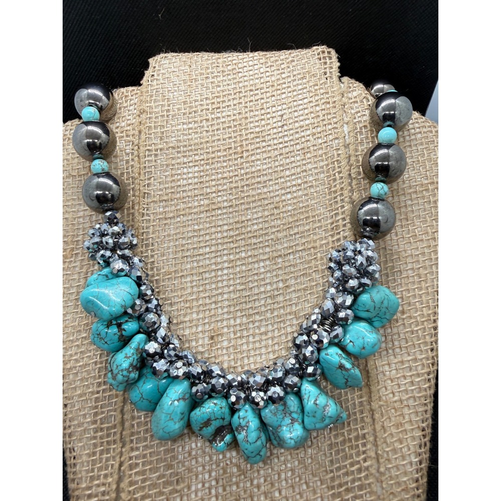 Chunky Turquoise Magnesite Bib Statement Necklace Gunmetal Silver Tone Beaded